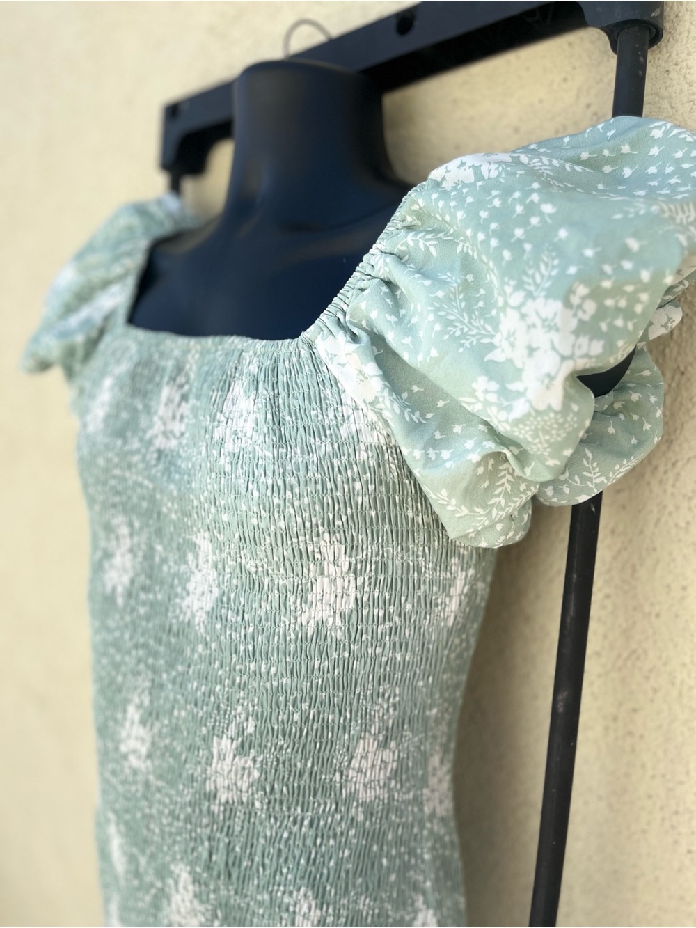 Simple Sage Green Floral Smocked Dress - Picture 3 of 4